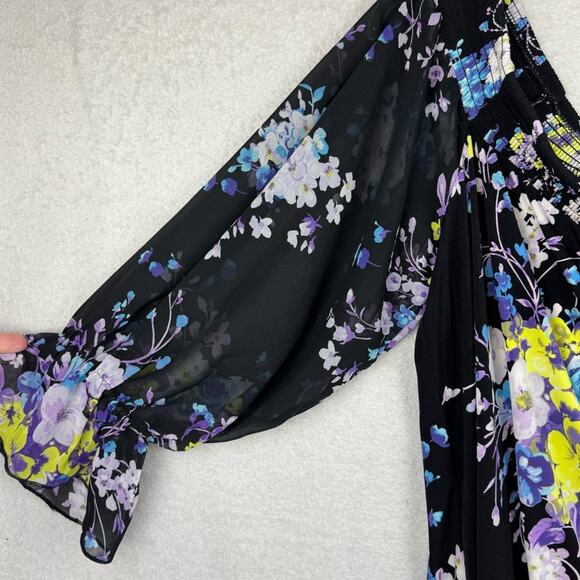 Torrid Studio Knit Off-Shoulder Smocked Chiffon Sleeve Swing Top Black Floral 3X - Picture 7 of 15